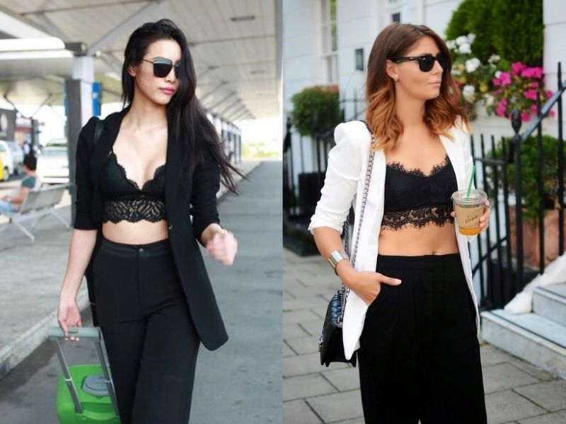0201d39a-phoi-do-voi-ao-blazer-nu-17 Bạn sẽ trở nên quyến rũ và gợi cảm khi phối đồ với áo blazer nữ bằng một chiếc bralette ren tinh tế (Nguồn: Juno/Tran Anh Beauty)