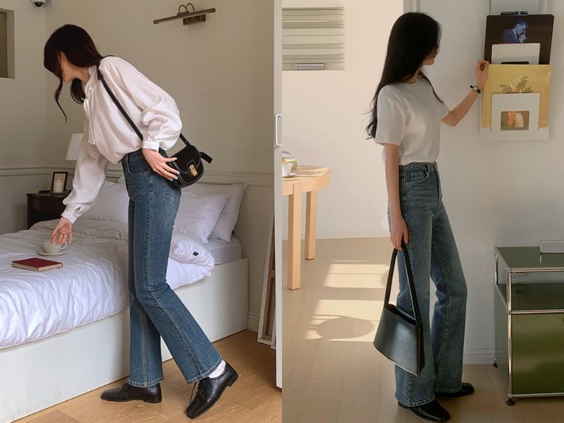 18904e40-phoi-do-voi-giay-oxford-nu-3 Quần jean ống loe làm outfit với giày Oxford thanh lịch (Nguồn: kooding.com)