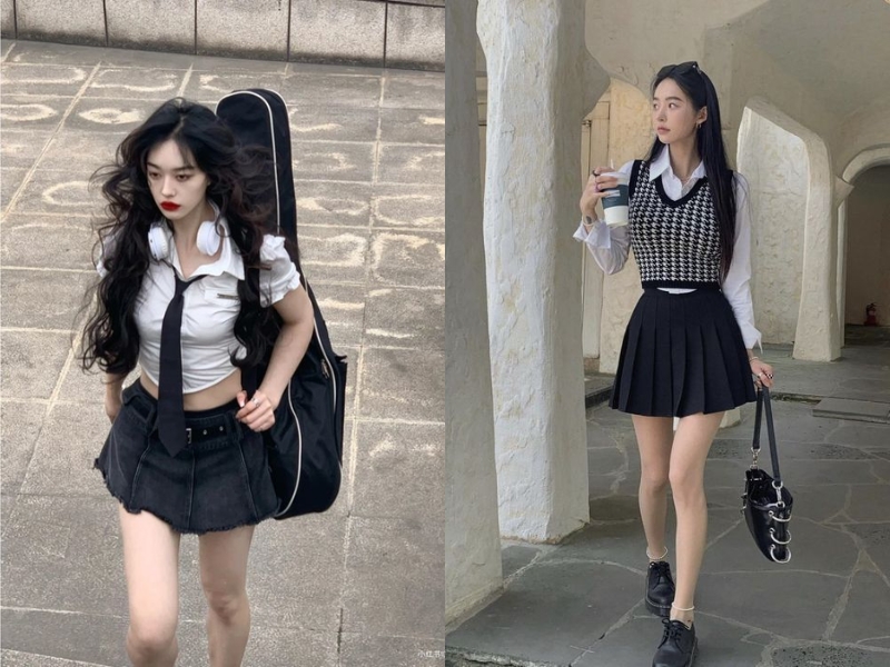 24ec5b3e-phoi-do-voi-chan-vay-xep-ly-ngan-2 Phối đồ cá tính với chân váy xếp ly ngắn (Nguồn: Nari’s Shifting, poiseunxz - Pinterest)