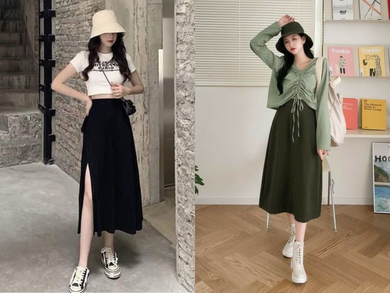 27f94a6d-cach-phoi-do-nu-43 Áo croptop sẽ giúp bạn có set đồ trẻ trung khi phối cùng chân váy midi (Nguồn: RoyalJanee)