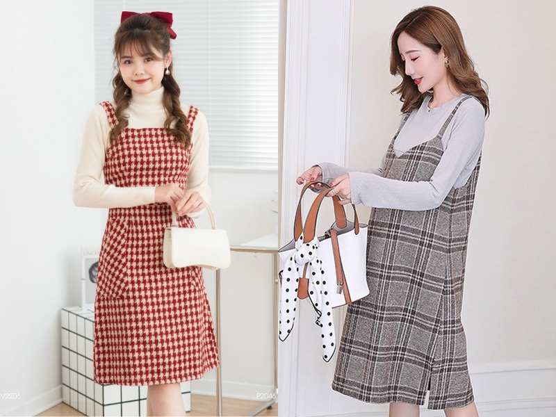 29cd20a4-cac-mau-vay-da-mua-dong-6 Đầm yếm dạ kẻ caro phối cùng áo len dài tay