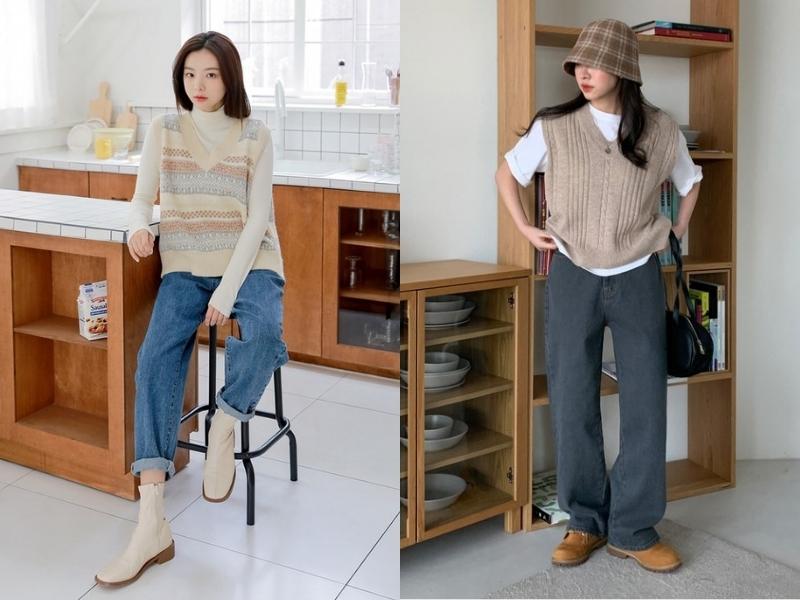 2ac2f3de-cach-phoi-do-nu-54 Quần jean là trang phục nữ thích hợp để phối cùng áo len gile (Nguồn: xinhxinh.vn)