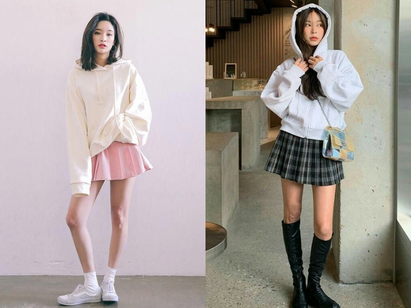 38e6f779-phoi-do-voi-chan-vay-xep-ly-ngan-12 Ấm áp với áo hoodie (Nguồn: Hey, Mint.Tang - Pinterest)