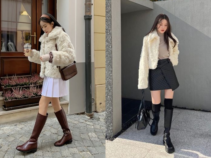 3f5aa0ea-ao-khoac-mua-dong-nu-dep-9 Kết hợp khoác lông với váy chữ A (Nguồn: Shopee Blog)