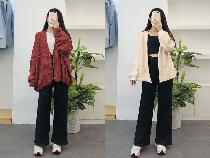 428395a2-phoi-do-voi-quan-ong-suong-nu-38 Khi phối đồ với quần ống suông nữ và áo cardigan, chỉ cần biến đổi chất liệu là có ngay phong cách khác nhau (Nguồn: Việt Giải Trí)
