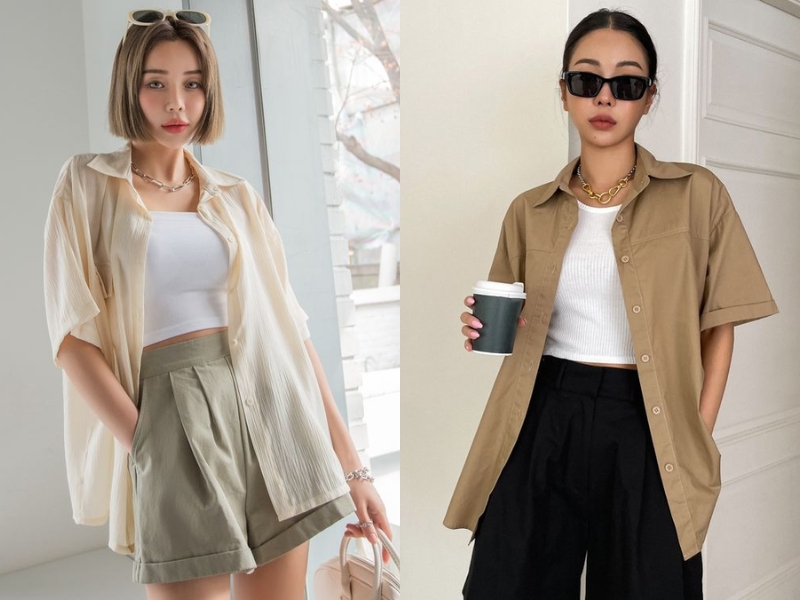 51947cab-cach-phoi-do-nu-72 Các set đồ với áo sơ mi màu nâu be trung tính cũng giúp nổi bật làn da của bạn (Nguồn: Mr.Fashion)