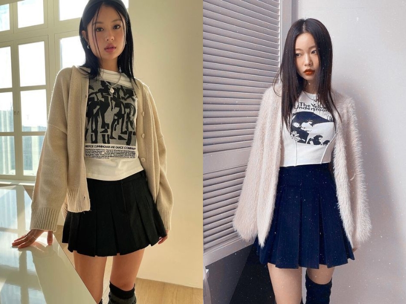 561df910-phoi-do-voi-chan-vay-xep-ly-ngan-10 Thanh lịch, tinh tế với áo cardigan nhẹ nhàng (Nguồn: DilysChilly, Sarahhhh - Pinterest)