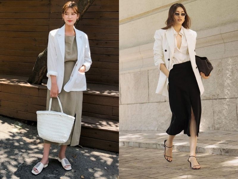 621879f6-phoi-do-voi-ao-blazer-nu-41 Gợi cảm và lịch sự là hình ảnh mà phối đồ với áo blazer nữ và váy xẻ tà mang đến cho chị em (Nguồn: Trí thức trẻ/ Elly.vn)