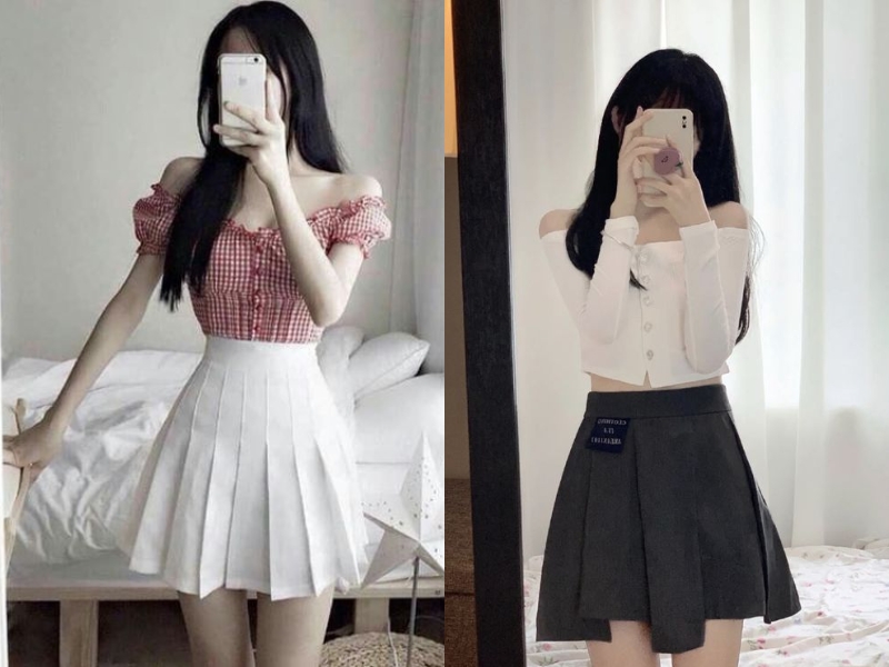 656b76b4-phoi-do-voi-chan-vay-xep-ly-ngan-6 Dịu dàng cùng áo trễ vai (Nguồn: ︎Jy, Trisha Isabel - Pinterest)