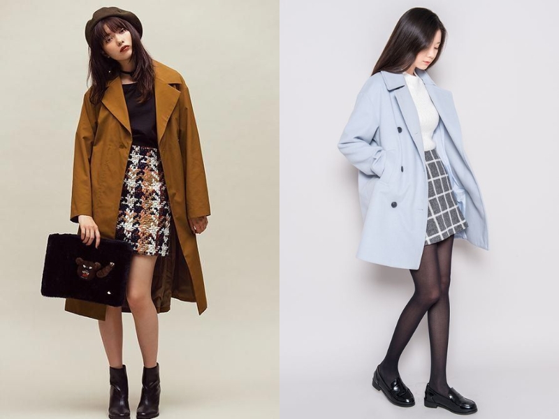 6d9022d8-ao-khoac-mua-dong-nu-dep-7 Áo khoác dáng dài phối với chân váy caro ngắn (Nguồn: Shopee Blog)