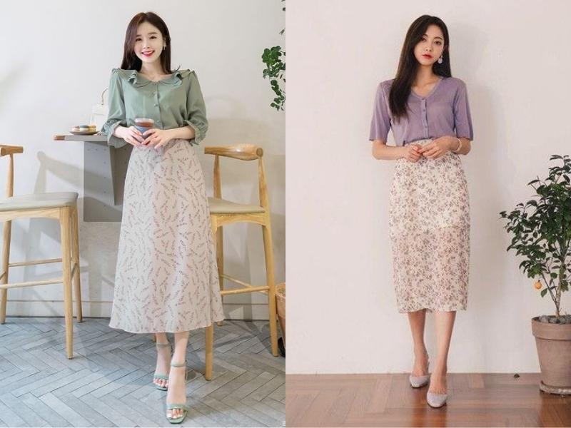8cec5c11-cach-phoi-do-nu-89 Chân váy midi hoa nhí cũng là lựa chọn không thể thiếu khi phối đồ theo phong cách Hàn Quốc (Nguồn: Wattpad)