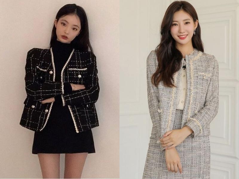 9b0eb937-cach-phoi-do-nu-60 Áo khoác dạ tweed có thể phối cùng chân váy cùng màu (Nguồn: shopee.vn)