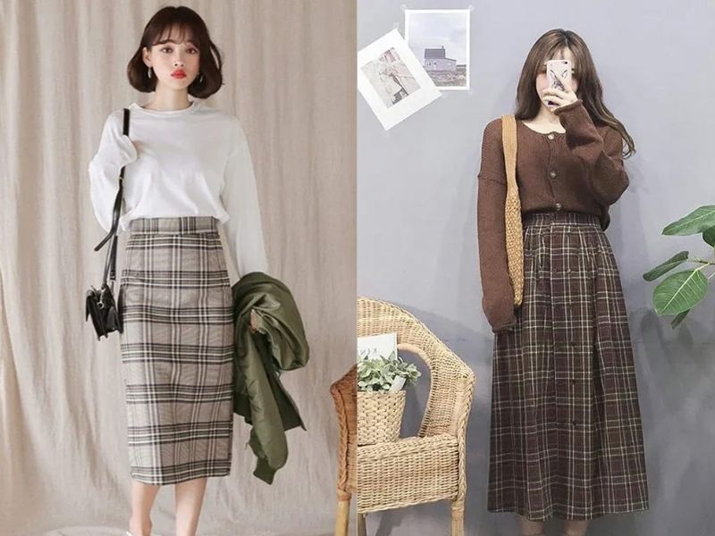 9deee4bb-vay-caro-vintage Chân váy caro dáng dài là item vintage được nhiều cô nàng yêu thích (Nguồn: tidebuy.com - Mija Blue)