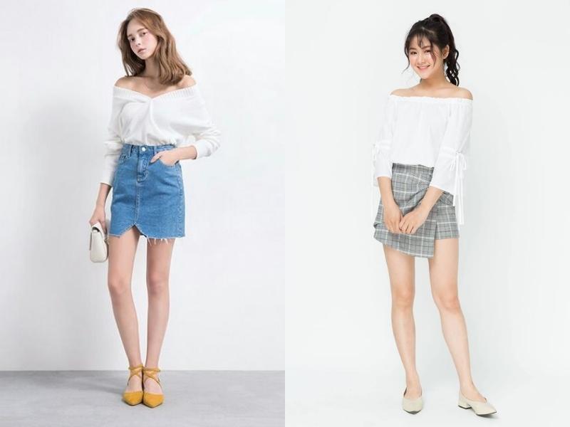 c23d840d-cach-phoi-do-nu-81 Áo trễ vai dài tay là trang phục nữ được nhiều bạn nữ lựa chọn phối cùng chân váy vào ngày hè (Nguồn: Gumac)