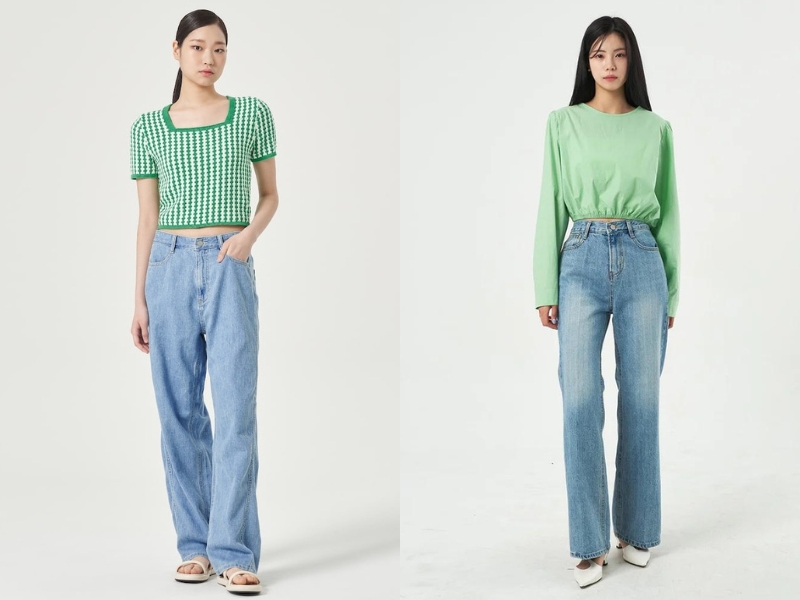 c90bea14-ao-xanh-la-mac-voi-quan-mau-gi-8 Quần jean xanh nhạt giúp bạn có được một trang phục mang tính ứng dụng cao (Nguồn: Kooding)