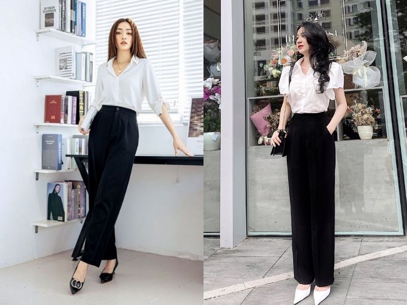 e3941608-phoi-do-voi-quan-ong-suong-nu-17 Phối đồ với quần tây ống suông và áo sơ mi trắng giúp bạn tôn lên khuyết điểm, che đi nhược điểm về vóc dáng (Nguồn: Chancos/ TIT OFFICIAL)
