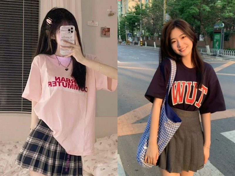 f4cd9362-phoi-do-voi-chan-vay-xep-ly-ngan-3 Năng động khi phối chân váy xếp ly với áo thun (Nguồn: dora, Maerin - Pinterest)